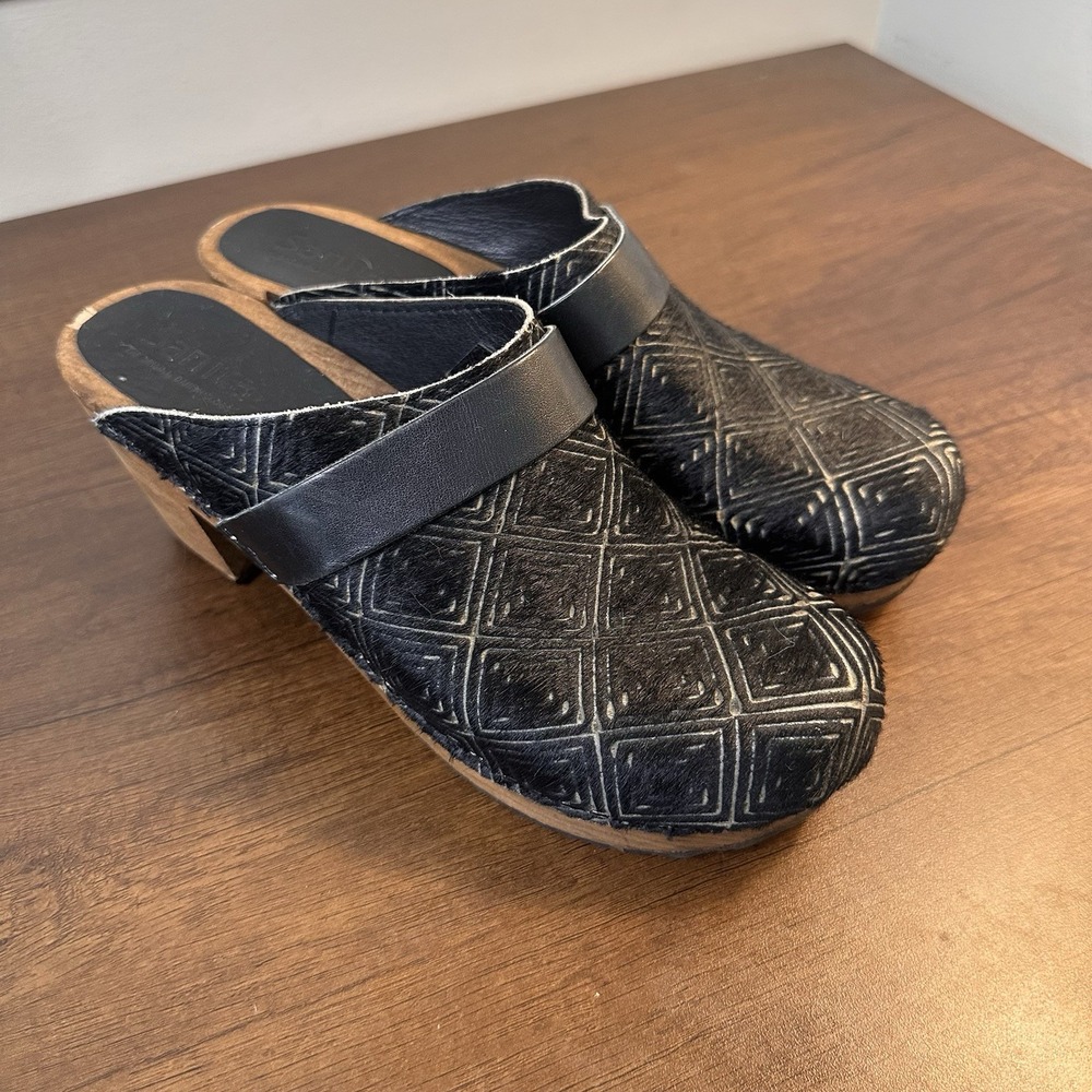Sanita Calf Hair Black Geometric Wooden Danish Clogs Slip On EU 38 US 7.5-8